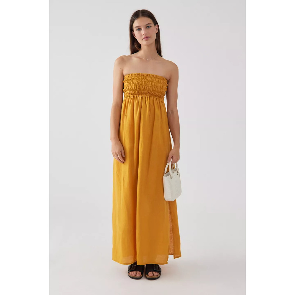 New Urban Outfitters Lusana Anna Linen Maxi Dress $195 SIZE 4 Orange Strapless